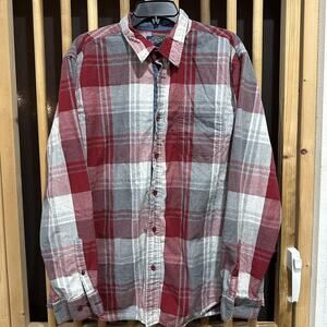 Retreat Shirt Mens XL Red Gray Plaid Long Sleeve Button Up 100% Cotton Casual
